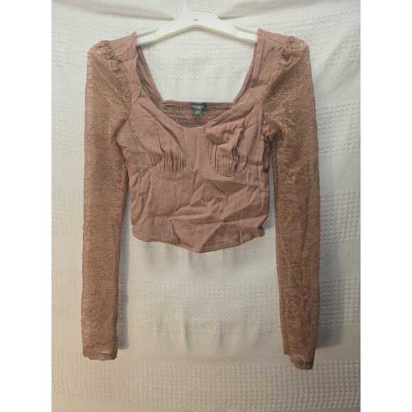 wild fable Tops - Wild Fable Cropped Sheer Top Womens Size XXS Brown Long Sleeve 6253